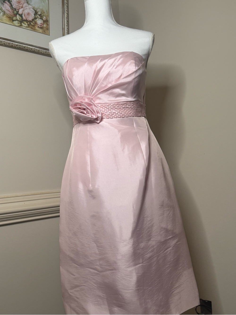 Strapless Light Pink Satin A-Line Dress with Rosette Waist